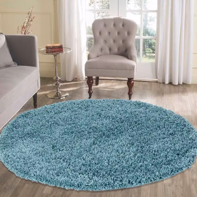 Desire Rugs Plain Fluffy Shaggy Area Rug in Duck Egg Blue, W/D: 120 x 120 cm