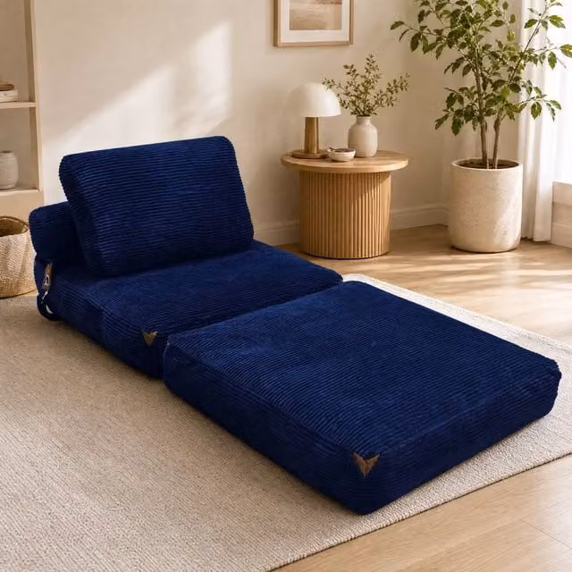 STILVORA 3 in 1 Blue Striped Floor Sofa Bed with Side Pockets and Non-Slip Base – 1