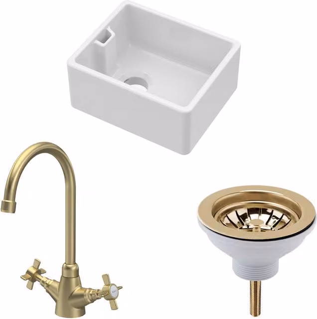 Balterley Compact 1 Bowl Belfast Sink in White Ceramic with Brushed Brass Pop Up Waste, Width: 46 cm – 1