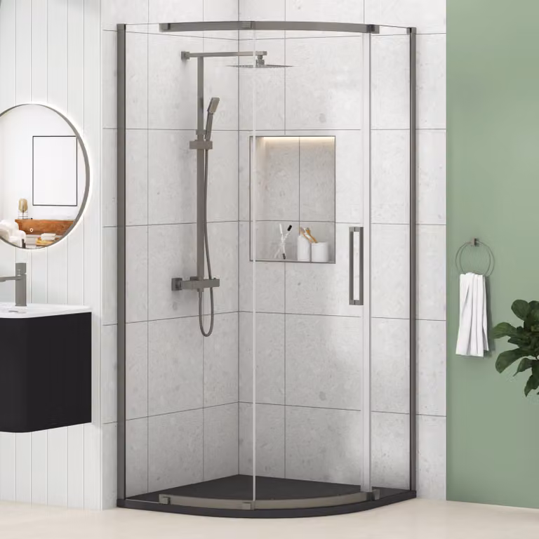 Royal Bathrooms Chelsea Single Door Quadrant Shower Enclosure with Black Mineral Cast Stone Tray, 8mm Easy Clean Glass, Gun Metal Grey, W: 90 cm, H: 195 cm