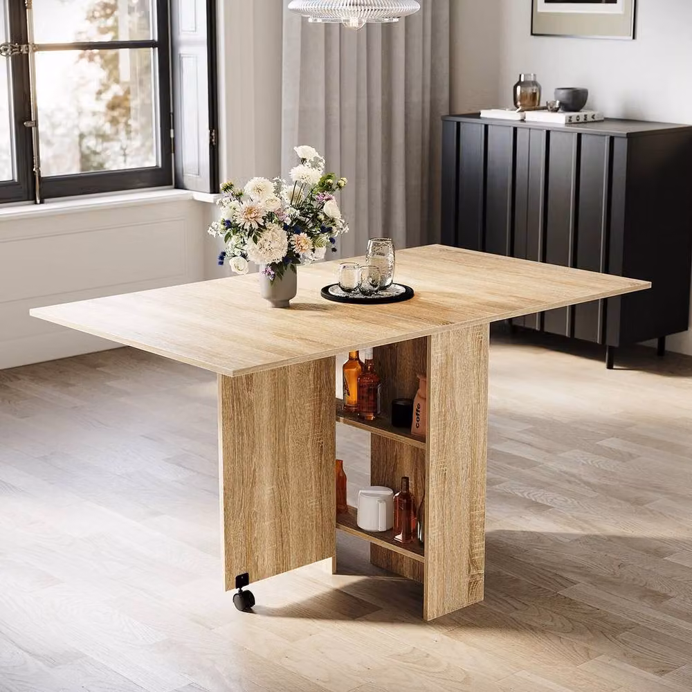 FORGEVIO Folding Drop Leaf Dining Table and Rolling Desk with 2 Storage Shelves, Brown, W/D/H: 80 x 60 x 72 cm – 2