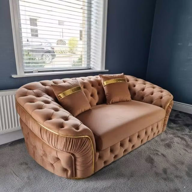 Stratus Interiors Ambassador Chesterfield 2 Seater Sofa in Medium Beige Plush Velvet with Gold Trim