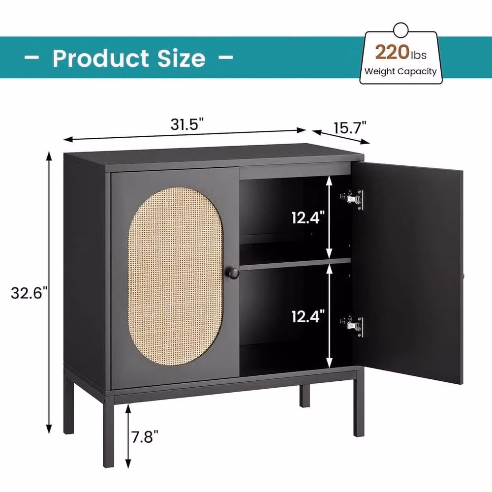 VOGREX Black Rattan Sideboard Storage Cabinet Freestanding Boho Kitchen Cupboard – 2
