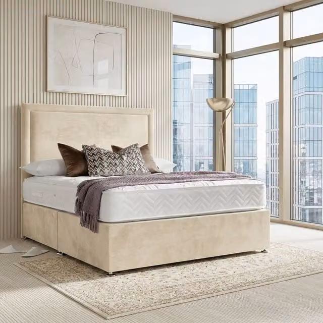 DS Living Velmont Cream Velvet Upholstered Divan Bed, W: 140 cm, L: 200 cm