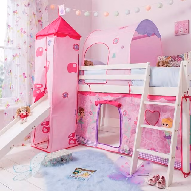 Nöa and Nani Moro Cabin Midsleeper Bed with Slide and Fairies Package in White and Pink, Solid Pine, Single Size (90 x 190 cm) – 1