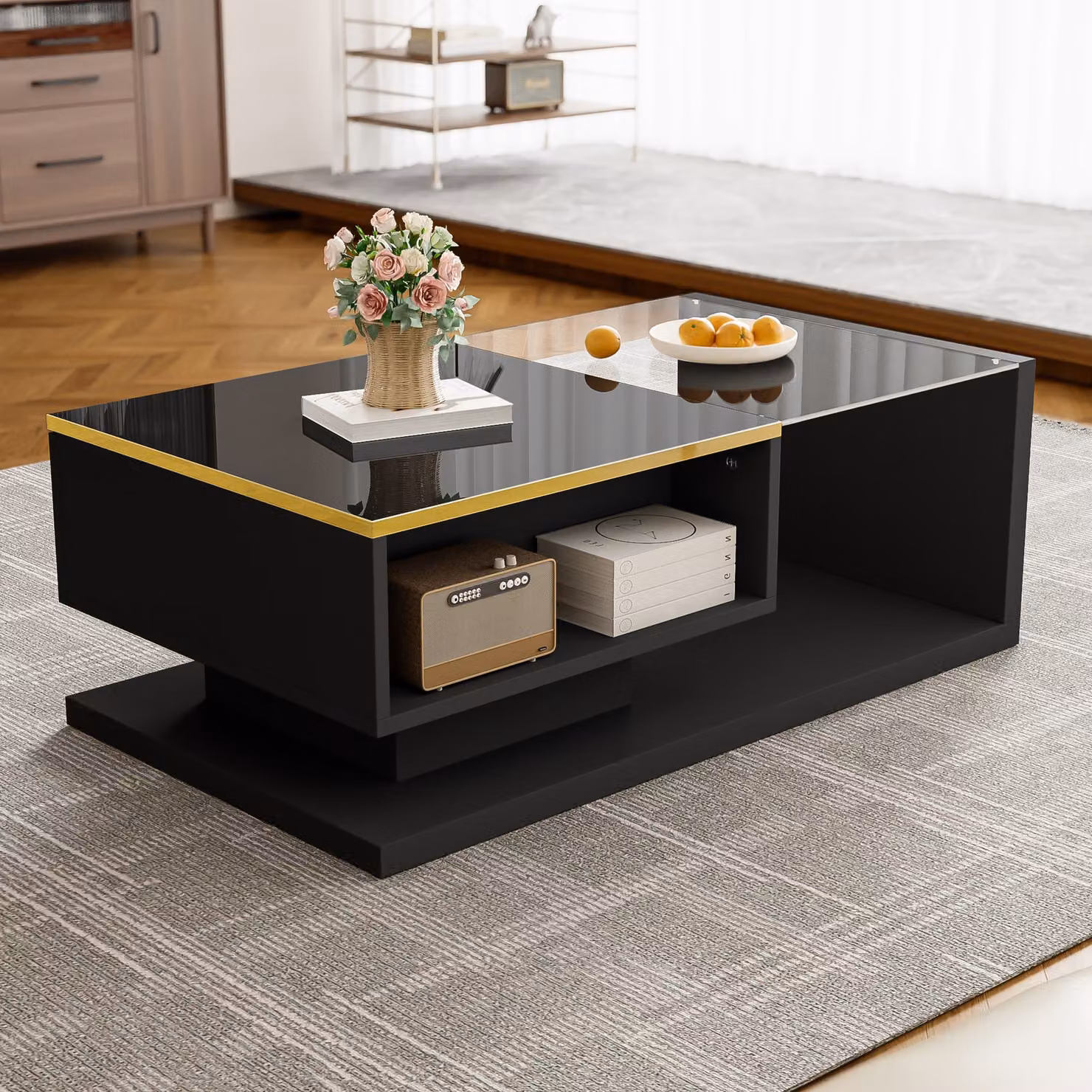 Aosom UK High-Gloss Black Rectangular Coffee Table with Tempered Glass Top and LED Lighting, W: 90 cm, D: 50 cm, H: 32.5 cm – 4