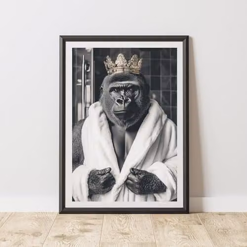 60 Second Makeover Funny Gorilla and Crown Wall Art Poster, Black and White, A3