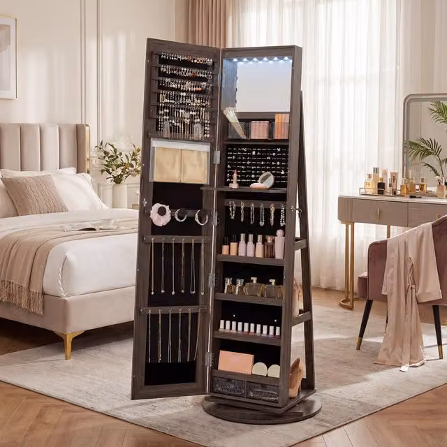 SONGMICS LED 360 Swivel Mirror Jewellery Cabinet in Brown, H 162 x W 55 x D 55 cm