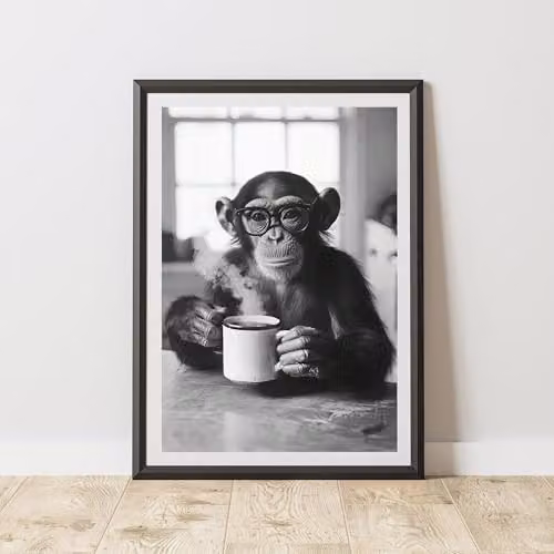 60 Second Makeover Funny Monkey Drinking Coffee Paper Poster, A3, Multicolour