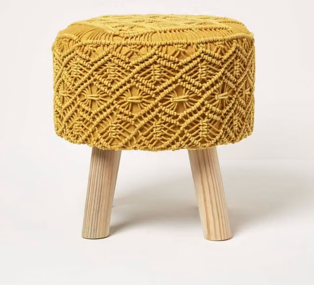 Homescapes Boho Yellow Cotton and Wood Macrame Footstool