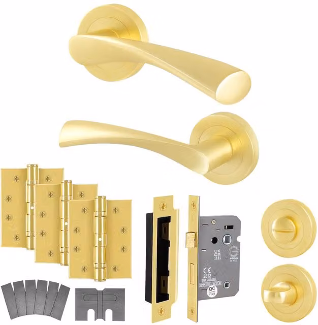 AFIT Novi Satin Brass Bathroom Fire Door Handle Set with Rose WC Lock and Hinges in Gold, Diameter: 57 mm – 1