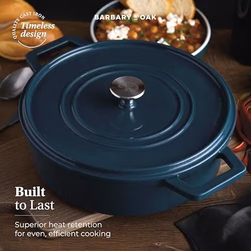Barbary & Oak Nattura 28cm Shallow Cast Iron Casserole with Enamel Interior and Self Basting Lid, Agave Blue/Green, 3.6L – 7