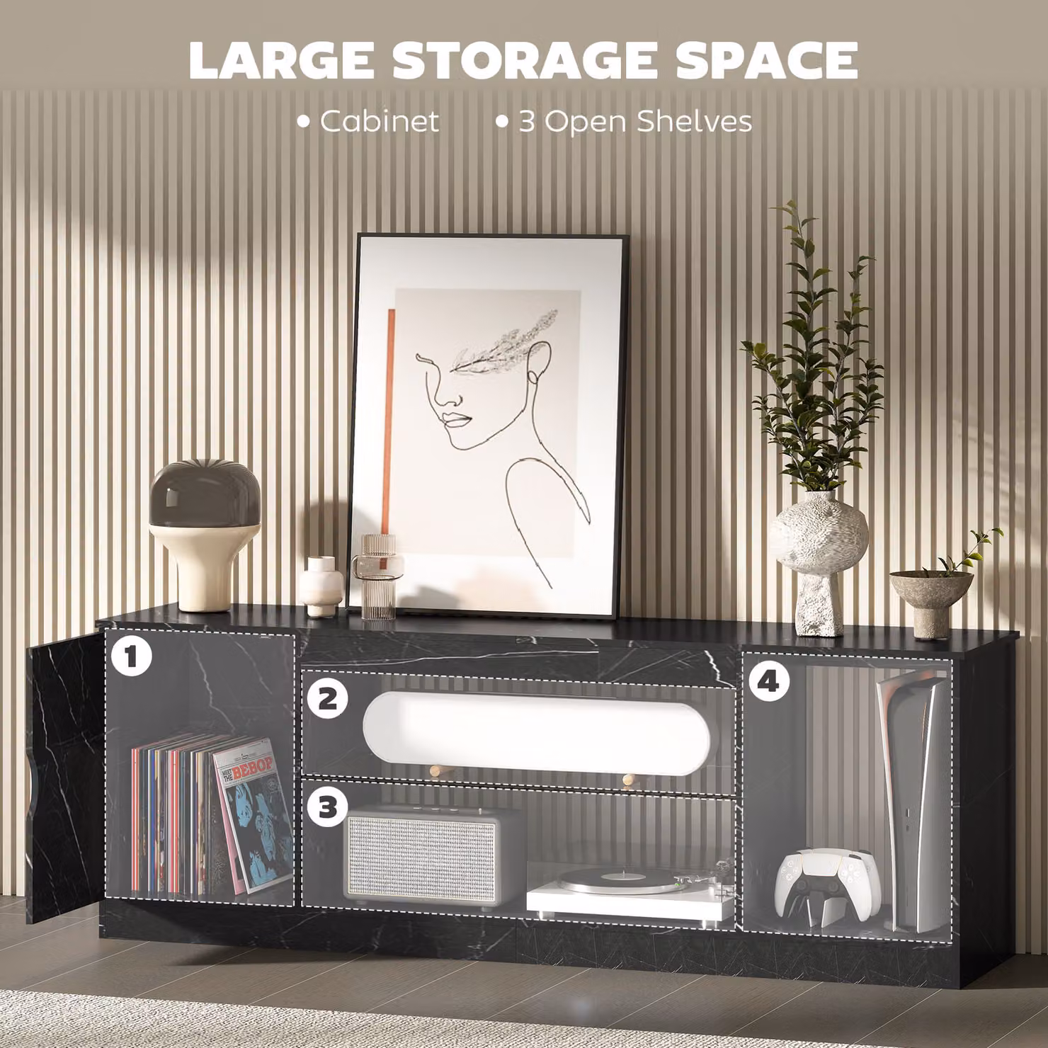 HOMCOM Black Marble Effect TV Stand Cabinet with Glass Shelf for TVs up to 55 inch – 5