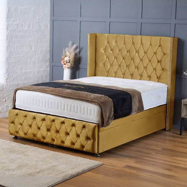 BSSPOKE Mayfair Ottoman Divan Bed with Headboard and Mattress in Yellow Plush Velvet, W/D/H: 140 x 200 cm