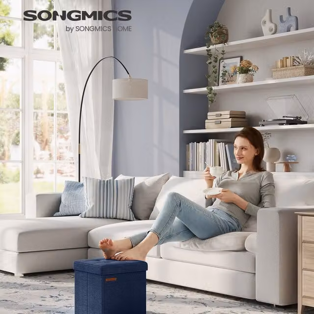 SONGMICS Foldable Fabric Storage Ottoman Footstool in Blue, W/D/H: 30 x 30 x 30 cm