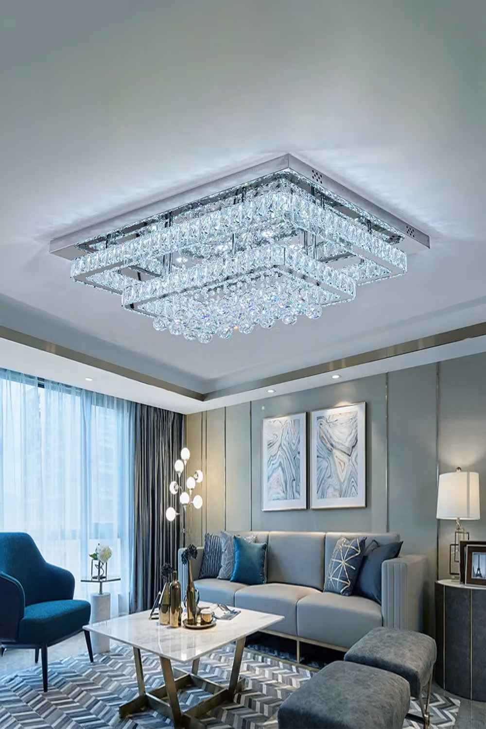 Living and Home Modern Square Crystal LED Flush Mount Ceiling Light in Silver and Chrome – 5