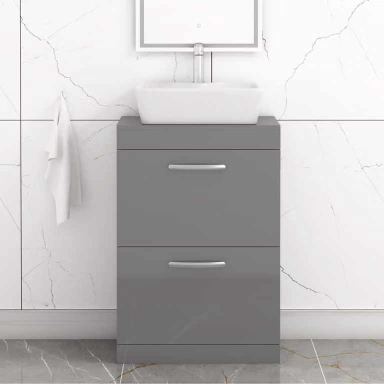 Royal Bathrooms Cube Floor Standing 2 Drawer Vanity Unit with Countertop Basin in Grey Gloss