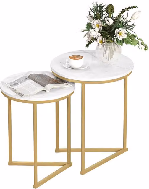 HOMCOM Set of 2 Modern Nesting Coffee Tables with White Glossy Composite Tops and Gold Tone Metal Frames – 1