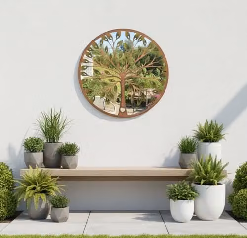 Inspirational Gifting Tree of Life Round Metal Wall Mirror with Green Leaves in Brown, Diameter: 64 cm – 4