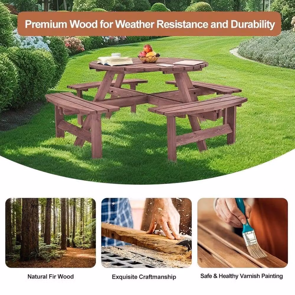 Hinsinc 8 Seater Wooden Round Picnic Table and Bench Set in Brown – 5
