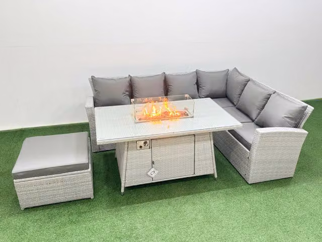 Fimous 7 Seat Rattan Garden Furniture Set with Gas Firepit Table and Light Grey Upholstered Cushions