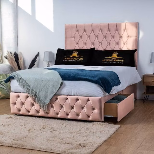 UK Bed Furniture Monaco King Size Divan Bed with 2 Drawers and 26 Inch Headboard in Pink Velvet