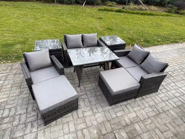 Fimous Grey PE Rattan Garden Dining Set with Rectangular Table, Double Sofa, 2 Side Tables and 2 Footstools