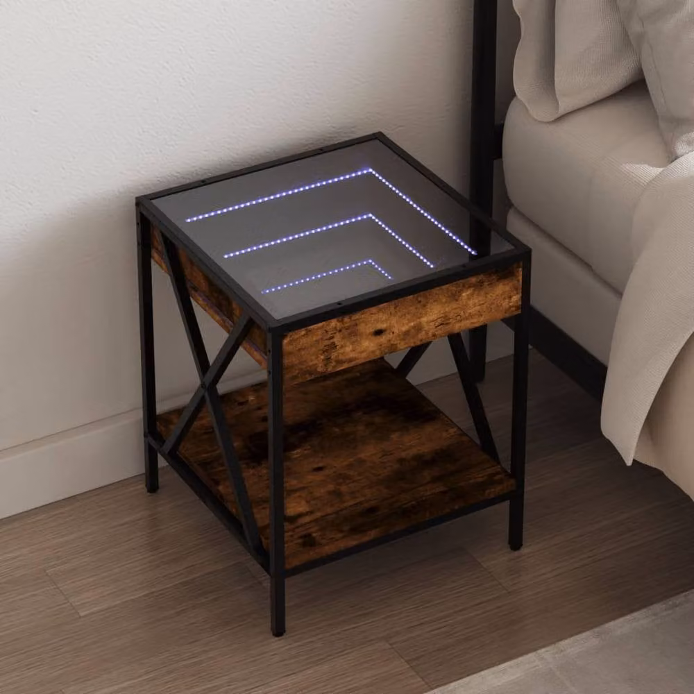 Berkfield Home Decorative Bedside Table with Infinity LED Lighting in Smoked Oak Brown, W/D/H: 40 x 40 x 49 cm – 1