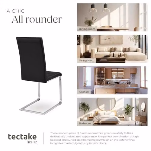 tectake Set of 6 Bettina Dining Chairs in Black with Synthetic Leather and Metal Cantilever Base – 7