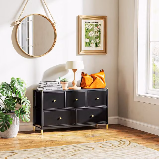 HOMCOM Modern Black Bedroom Chest of Drawers with PU Leather Surface and Gold Accents