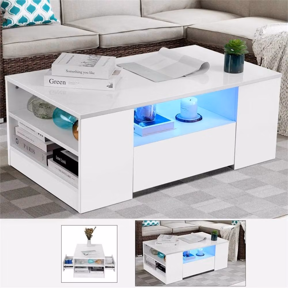 Nordara High Gloss LED Coffee Table with 2 Wood Storage Drawers in White – 2