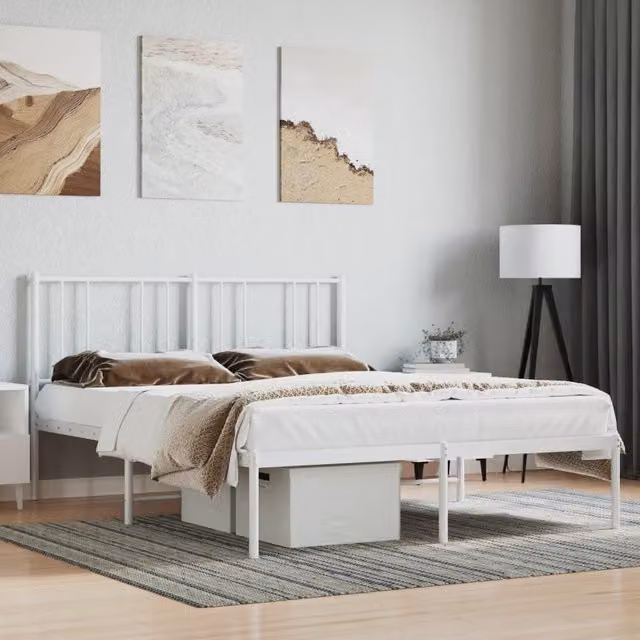 Berkfield Home Metal Bed Frame with Headboard in White, W: 135 cm x L: 190 cm – 1