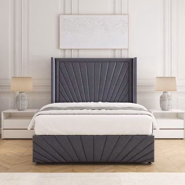 BSSPOKE Nola Plush Velvet Divan Bed Set with 54 inch Headboard and Mattress in Charcoal Grey, Size: King (W/D: 180 x 200 cm)