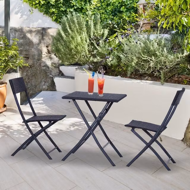 Outsunny Modern Black Polyrattan Bistro Set with 1 Rectangular Table and 2 Chairs for Garden, Balcony or Terrace