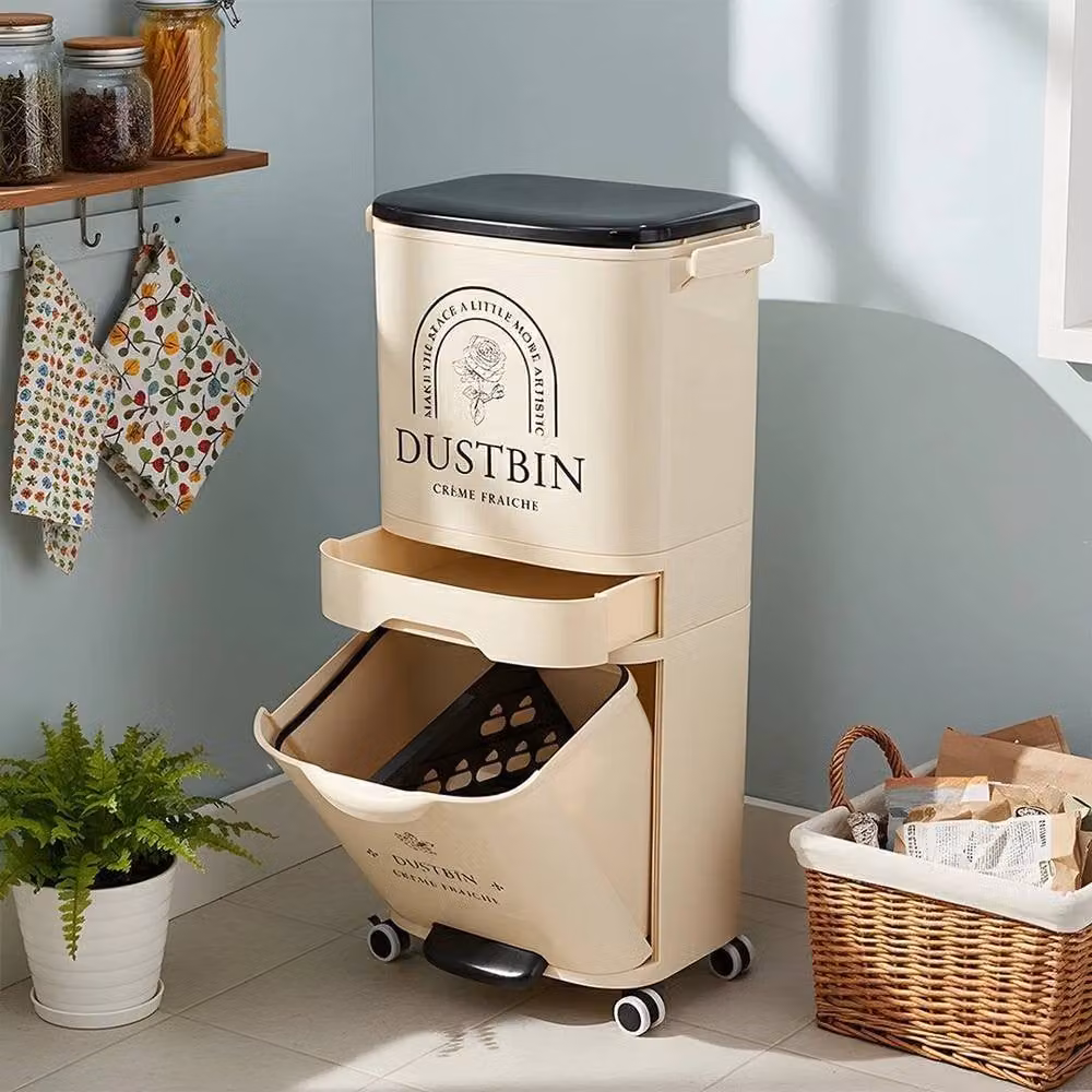 FORGEVIO Beige Large Capacity Mobile Recycling Bin with Drawer and Removable Inner Bucket – 2
