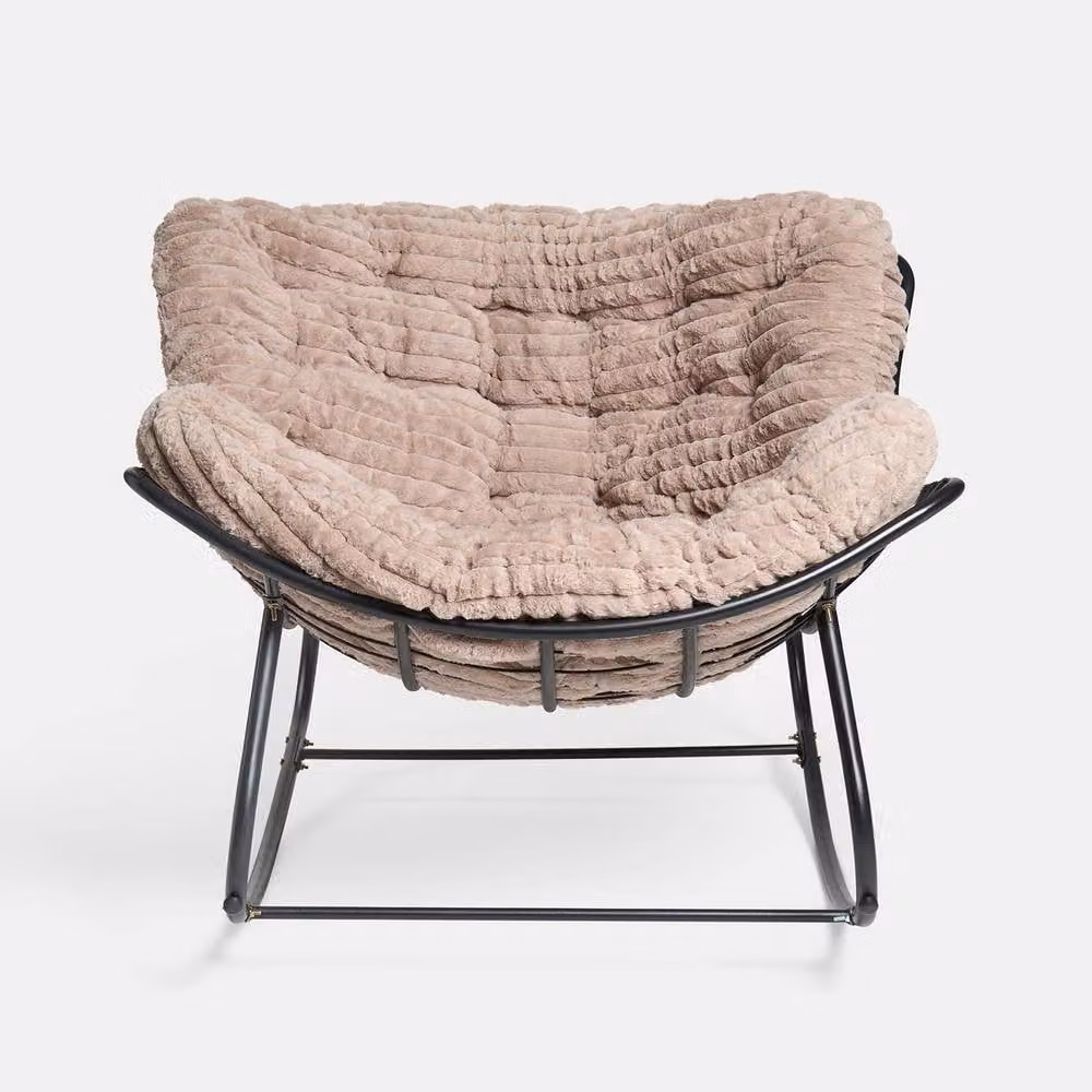 OHS Ribbed Faux Fur Rocking Chair with Upholstered Metal Frame in Beige/Sand – 4