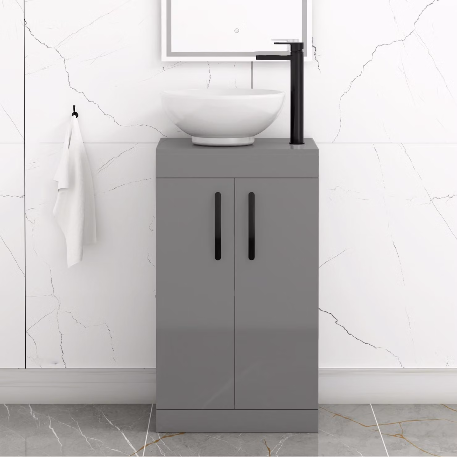 Royal Bathrooms Breeze 500mm Floor Standing 2 Door Vanity Unit with Countertop Basin in Indigo Grey Gloss and Matt Black Handles