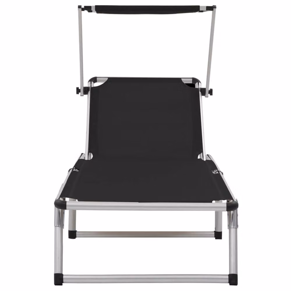 Berkfield Home Set of 2 Folding Sun Loungers with Sun Canopy and Adjustable Headrest in Black Powder Coated Aluminium and Textilene – 2