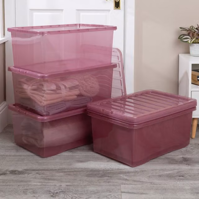 Wham Crystal 5 x 45L Plastic Storage Boxes with Lids, Pink