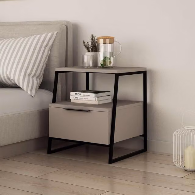 FWStyle Modern 1 Drawer Bedside Table with Black Metal Frame in Mocha Grey