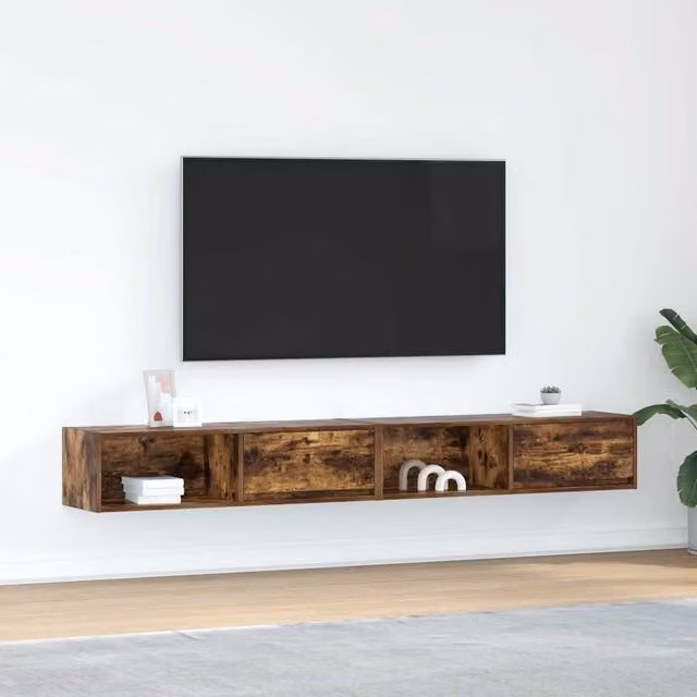 Berkfield Home Set of 2 Wall Mounted TV Cabinets in Smoked Oak Brown, W/D/H: 100 x 31 x 25.5 cm – 1