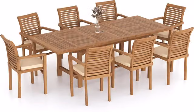 Eterna Modern Teak Garden Dining Table and 8 Chair Set with Cushions