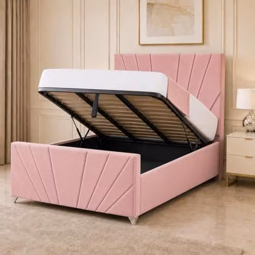 Living Comfort Bedz Sunrise Bed in Pink Plush Velvet with Gas Lift Base, W/D/H: 180 x 200 x 150 cm – 1