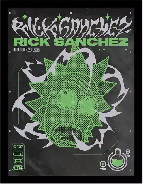 Rick & Morty 90s Rave Rickvival Rick Paper Print in Black and Multicolour