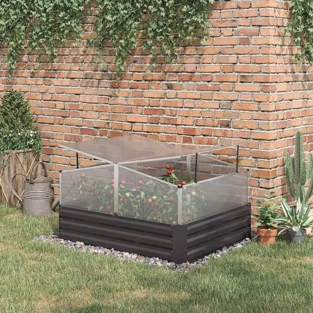 Outsunny Raised Garden Bed with Greenhouse in Anthracite Grey Metal