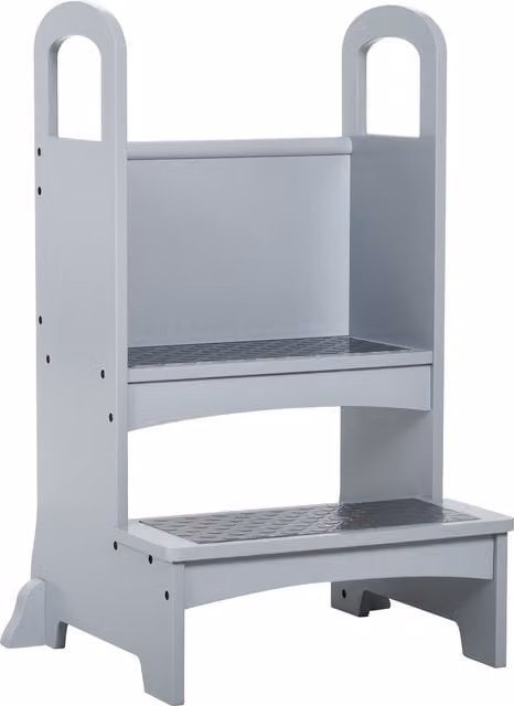 HOMCOM Kids Wooden Kitchen Helper Step Stool with Non-Slip Panels and Handles, Grey – 1