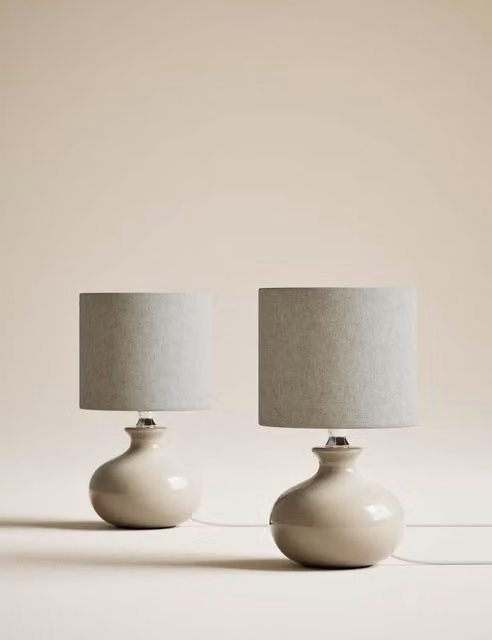 M&S Set of 2 White Ceramic Round Tabletop Lamps with Fabric Shades