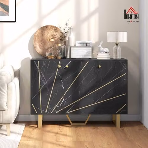 HOMCOM Modern Sideboard Storage Cabinet with Metal Legs in Black and Gold – 2