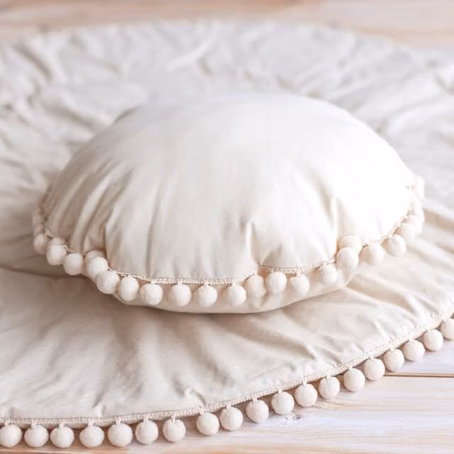 MiniCamp Round PomPom Throw Cushion in Beige, Diameter: 45 cm