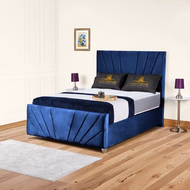 UK Bed Furniture Sunrise Blue Velvet Upholstered Gas Lift Storage Bed, W/D/H: 90 x 200 cm – 1